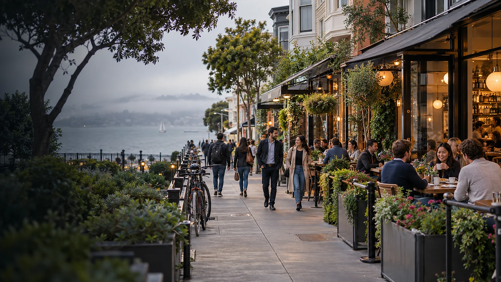 Bayside San Francisco sidewalk with outdoor cafes and people walking