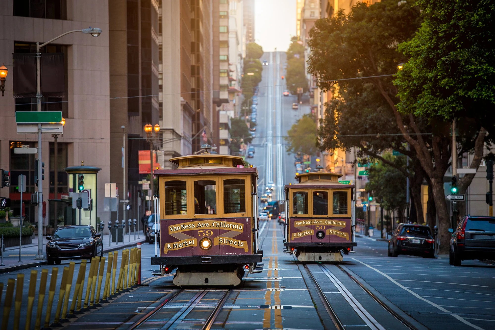 Two San Francisco cable cars on California Street