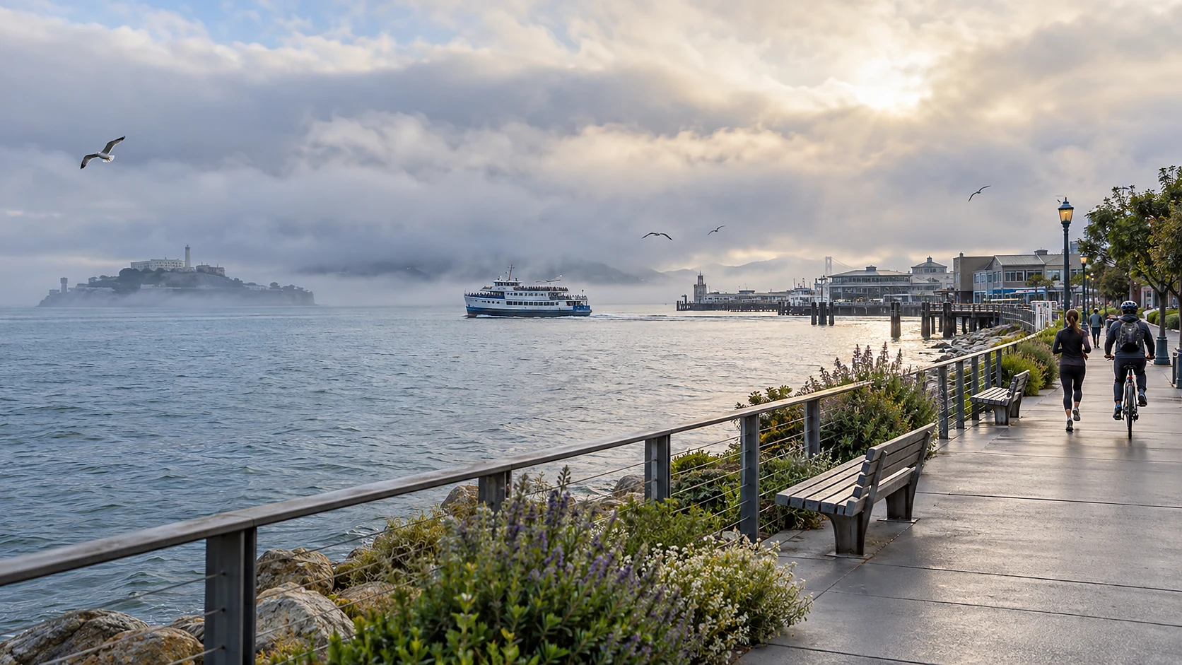Morning walk along the San Francisco waterfront pier with a ferry and Alcatraz in the fog