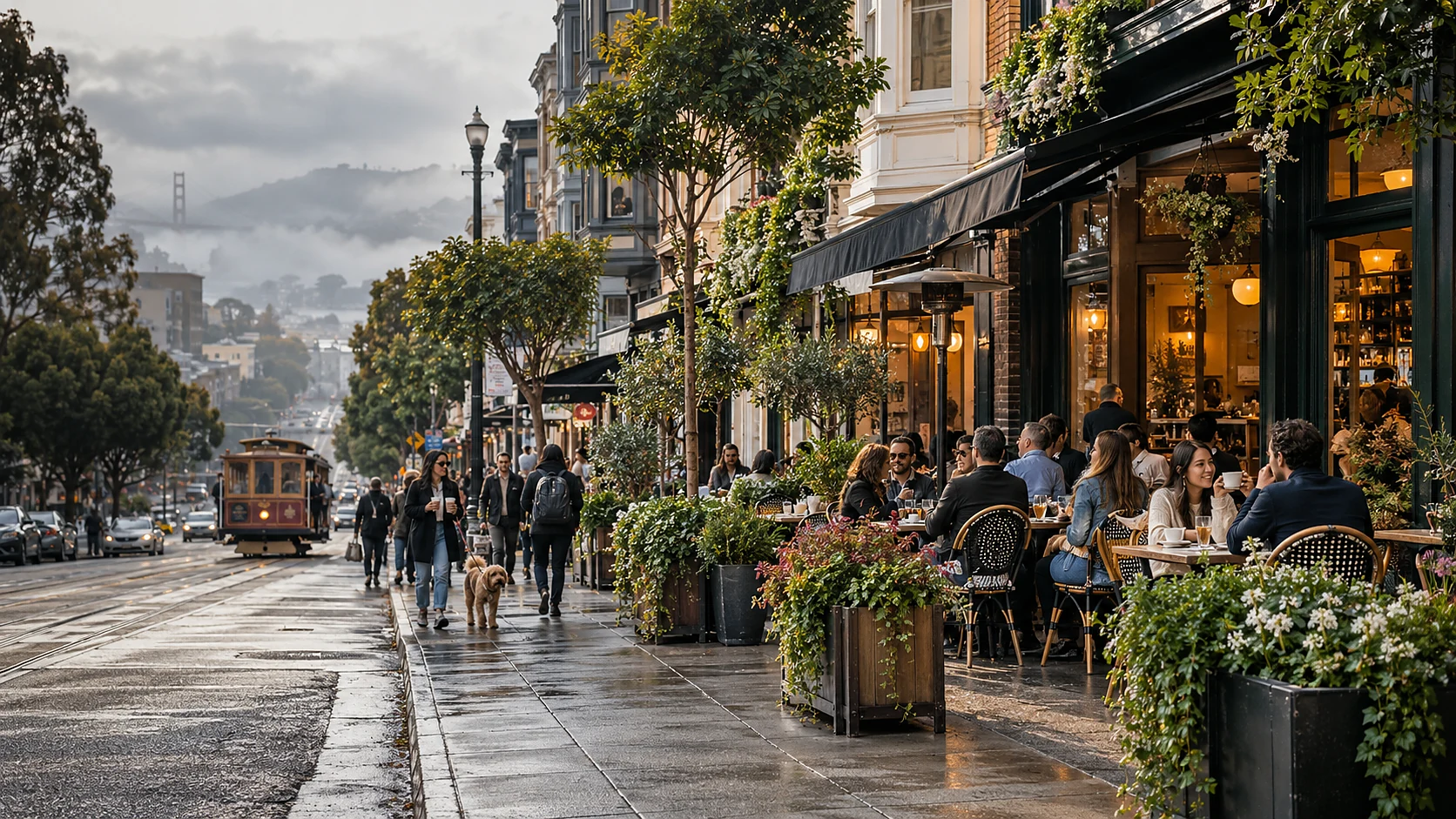 People meeting at a busy San Francisco sidewalk cafe with a cable car and the Golden Gate Bridge in the distance