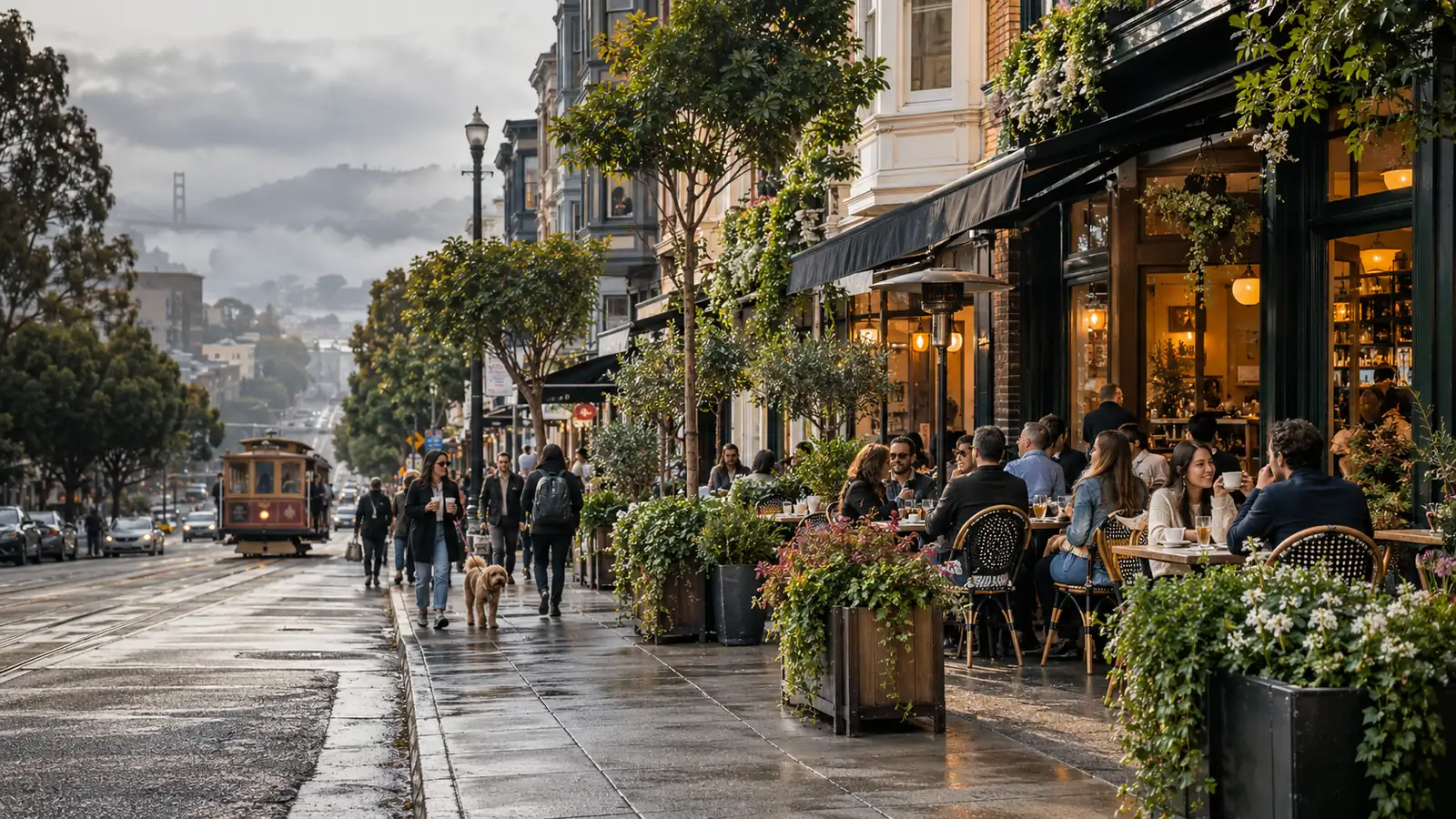 Busy San Francisco sidewalk cafe with a cable car and the Golden Gate Bridge in the distance